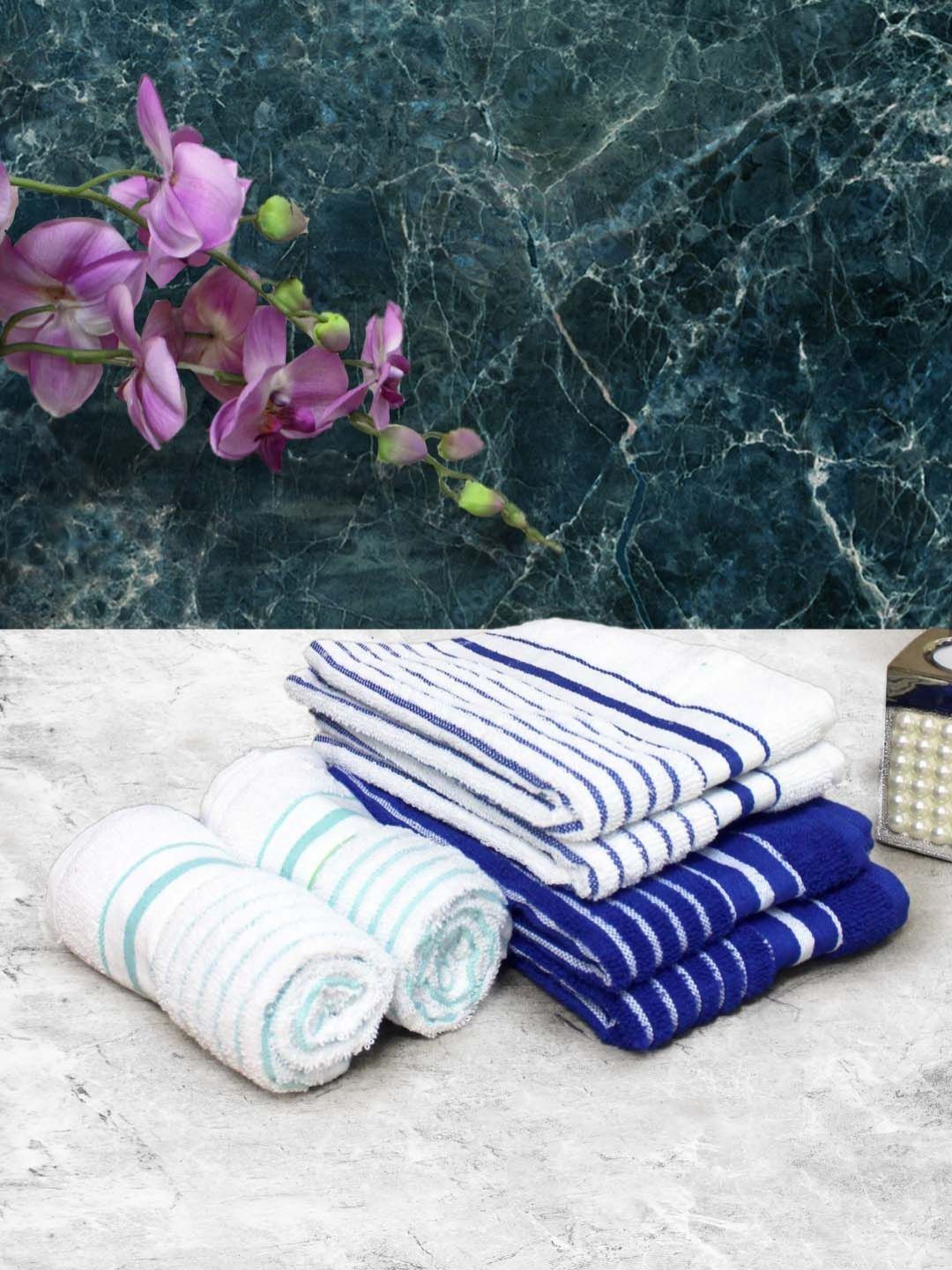 Aura White & Navy Blue Striped 6 Pieces Pure Cotton 150 GSM Hand Towels