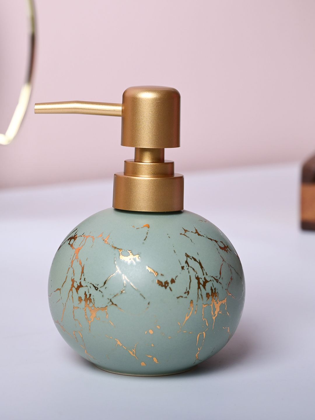 MARKET99 Green & Gold-Toned Abstract Printed Glossy Ceramic Soap Dispenser