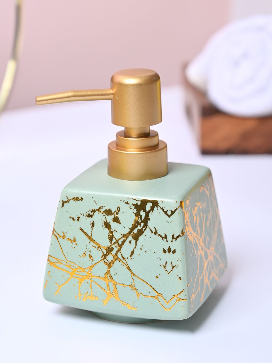 MARKET99 Green & Gold Toned Abstract Printed Glossy Ceramic Soap Dispenser