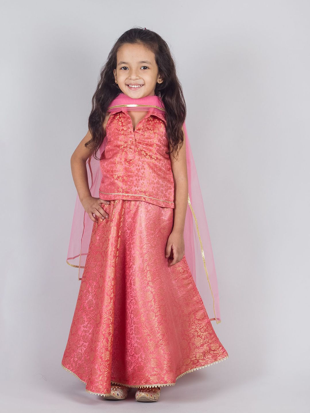 Tangerine Closet Girls Woven Design Zari Ready to Wear Lehenga & Blouse With Dupatta