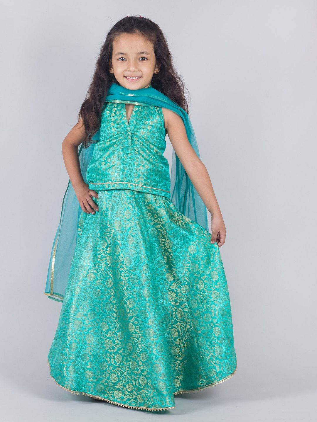 Tangerine Closet Girls Woven Design Zari Ready to Wear Lehenga & Blouse With Dupatta