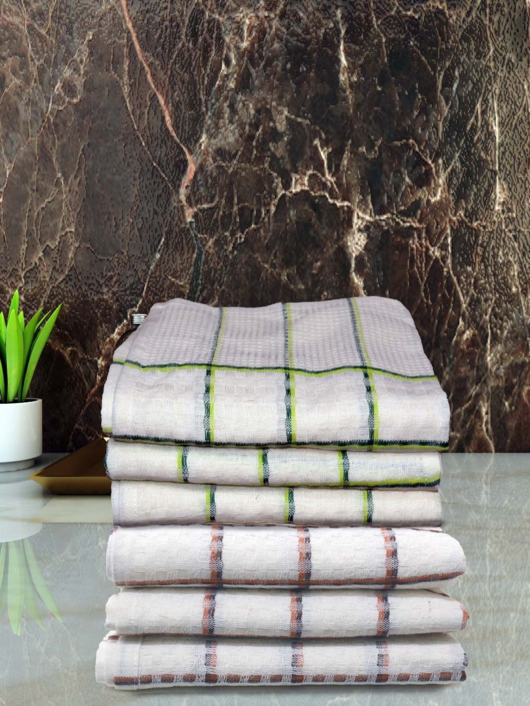 Aura White and Green 6 Pieces Checked Cotton 210 GSM Hand Towels