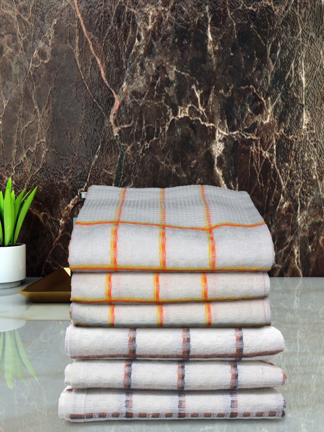 Aura White and Orange 6 Pieces Checked Cotton 210 GSM Hand Towels