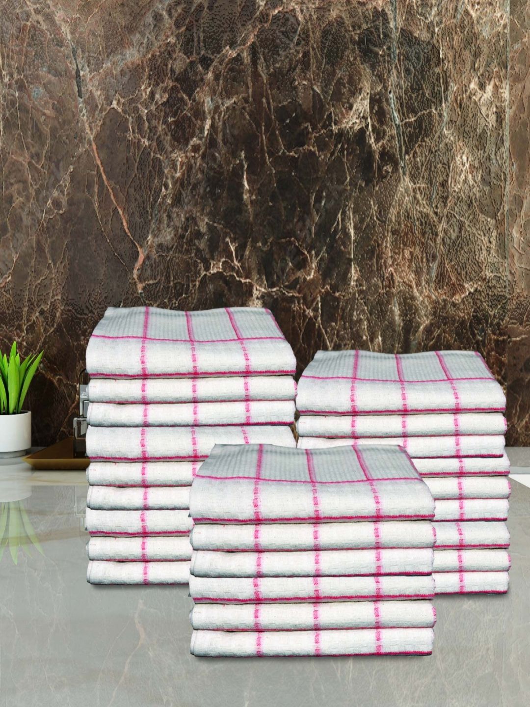 Aura White & Pink 24 Pieces Checked Cotton Hand Towels