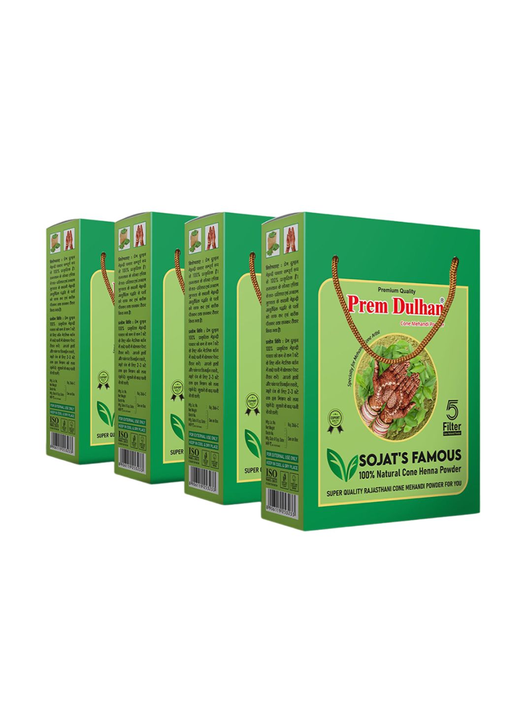 Prem Dulhan 4Pcs Sojat's Famous 100% Natural Cone 5 Filter Henna Mehendi Powder - 1kg Each