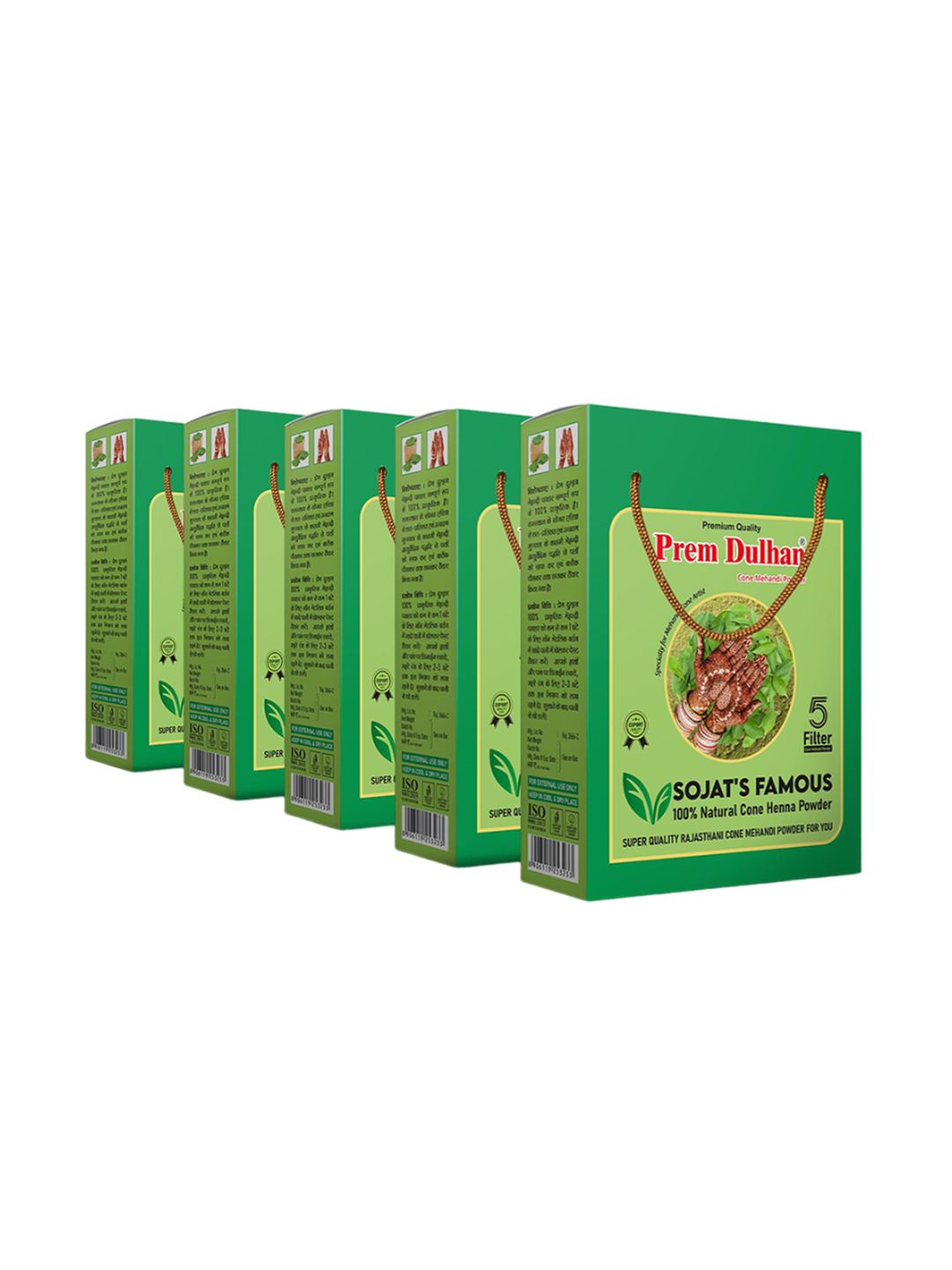 Prem Dulhan 5Pcs Sojat's Famous 100% Natural Cone 5 Filter Henna Mehendi Powder - 1kg Each