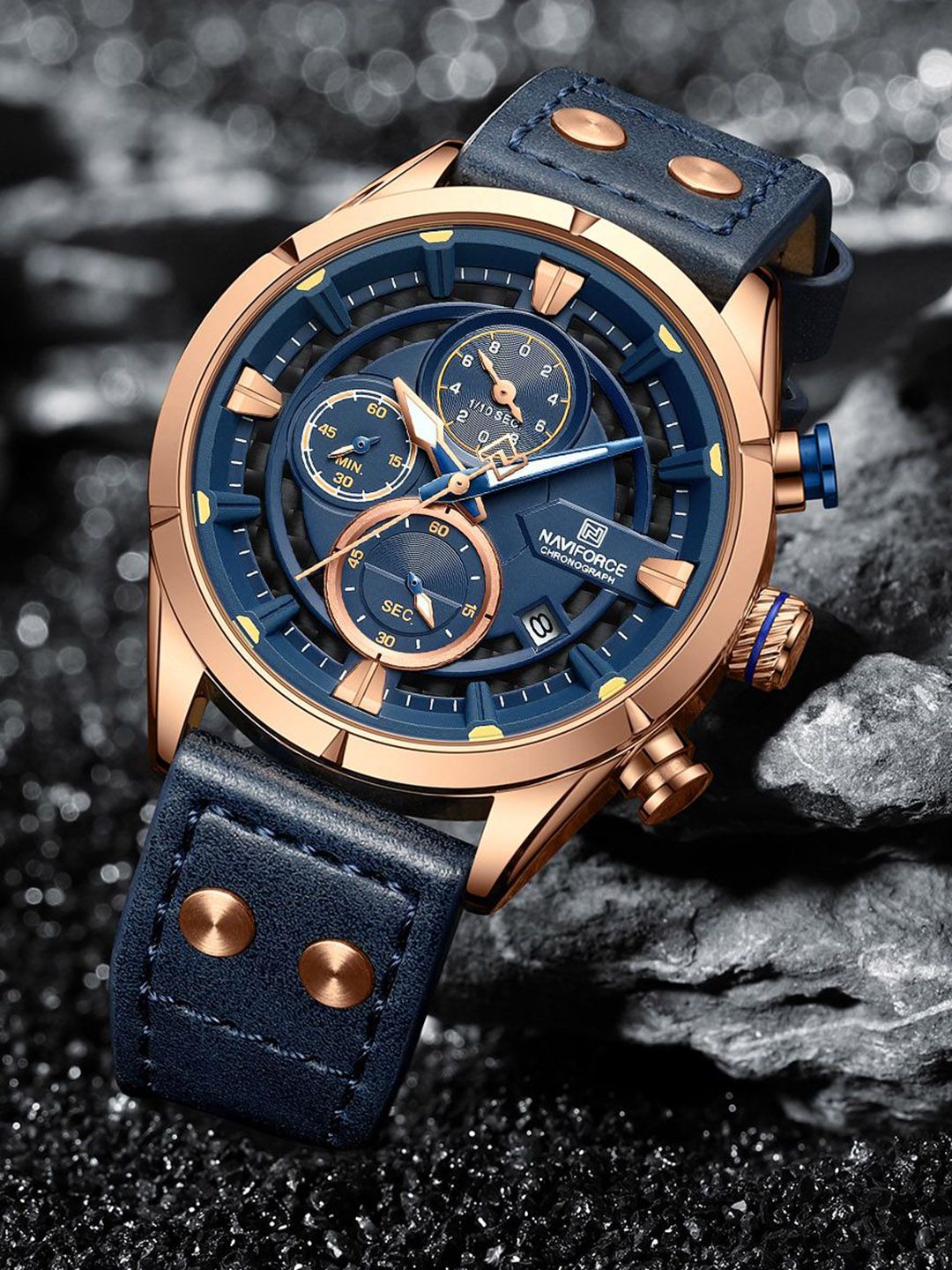 Buy Naviforce Men Brass Patterned Dial & Leather Straps Analogue