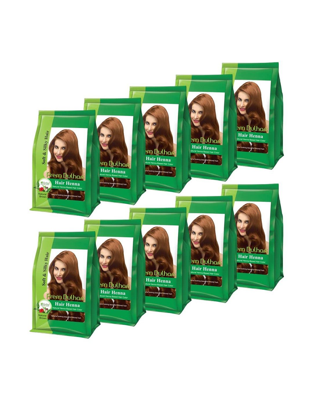 Prem Dulhan Set Of 10 Natural Henna Based Hair Color 125g Each - Natural Brown