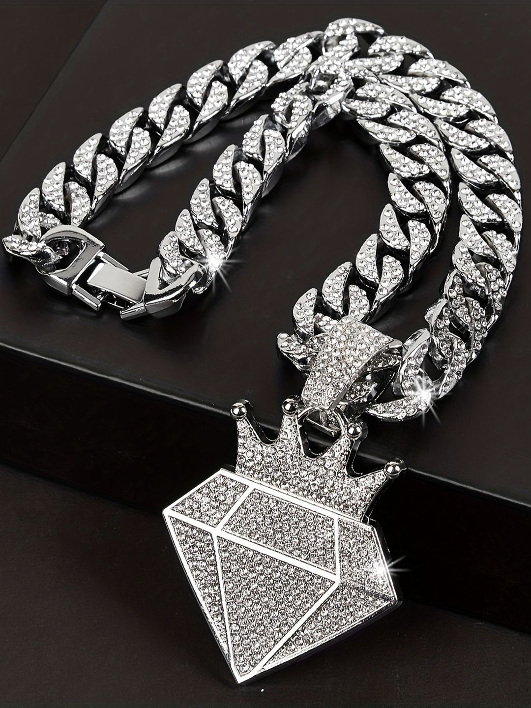 KRENOZ Men Silver-Plated Stainless Steel Stones-Studded Pendant With Chain