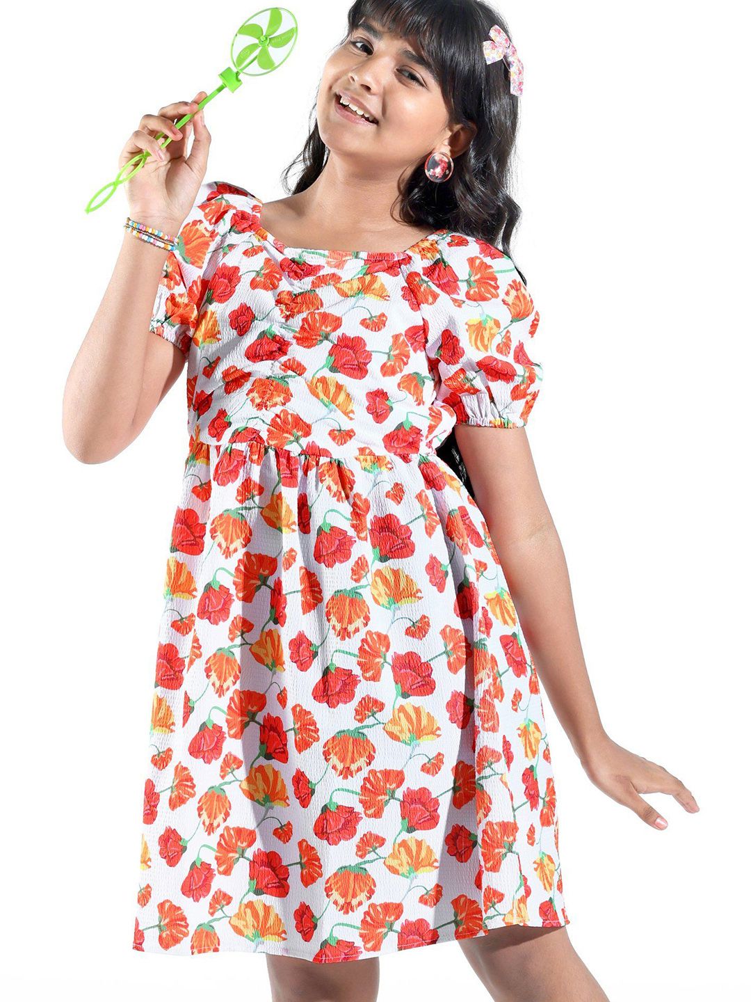 Hola Bonita Floral Printed Puff Sleeve Fit & Flare Dress