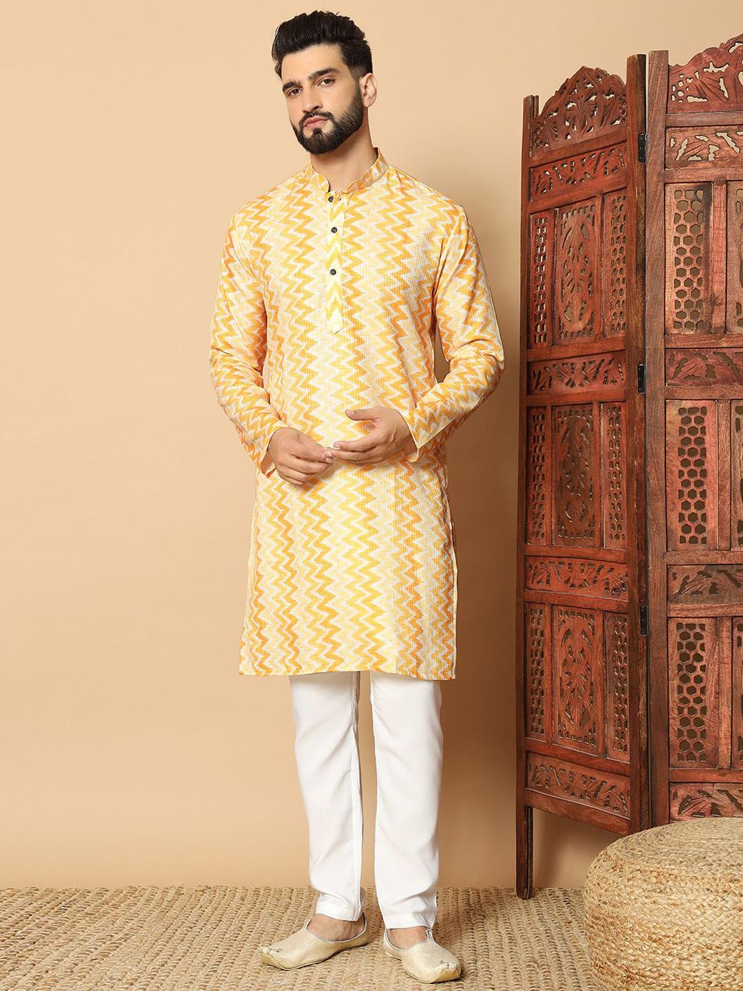 FoxDX Chevron Printed Mandarin Collar Pure Cotton Straight Kurta