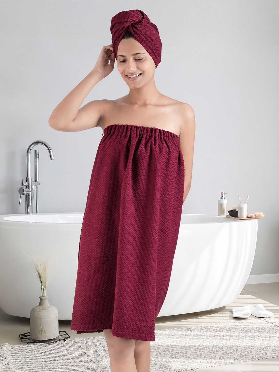 MYTRIDENT Maroon Cotton Bath Robe With HeadWrap