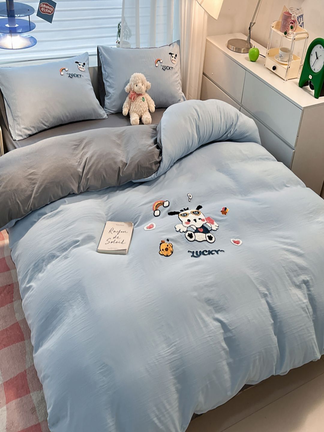 JC HOME Grey & White Geometric Polycotton 4 Piece Double King Regular Bedding Set