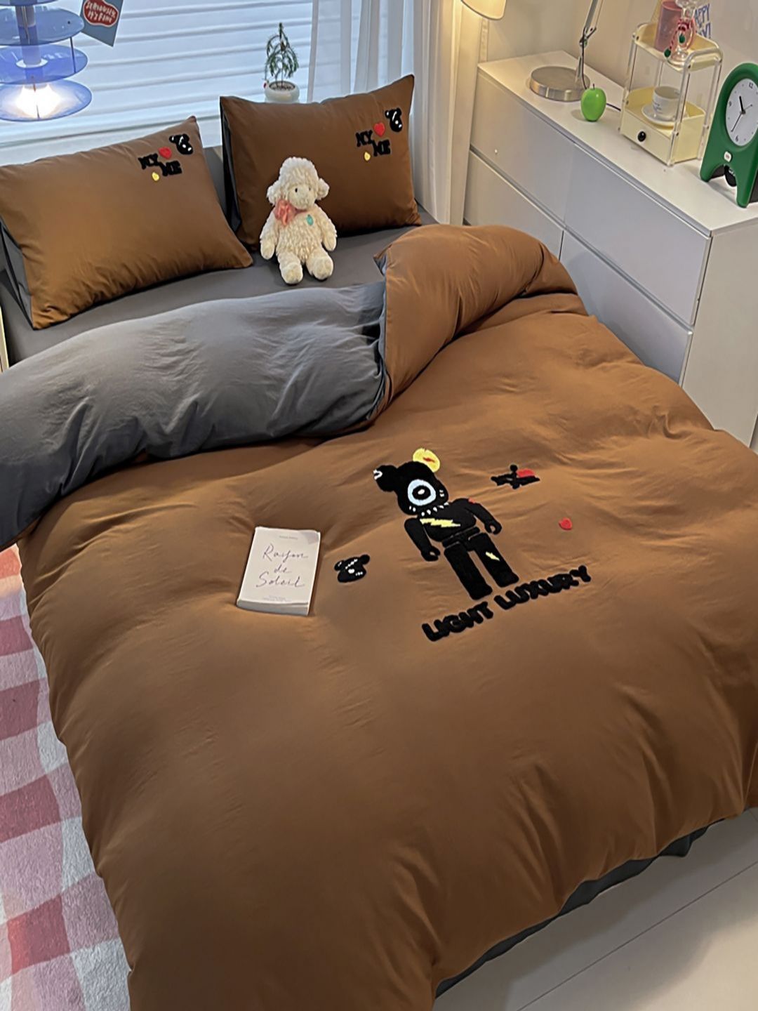 JC HOME Grey & Brown Geometric Polycotton 4 Piece Double Queen Regular Bedding Set
