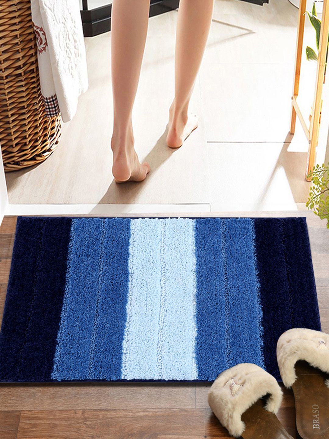 Pano Blue Striped 2000 GSM Anti-Skid Bath Rug