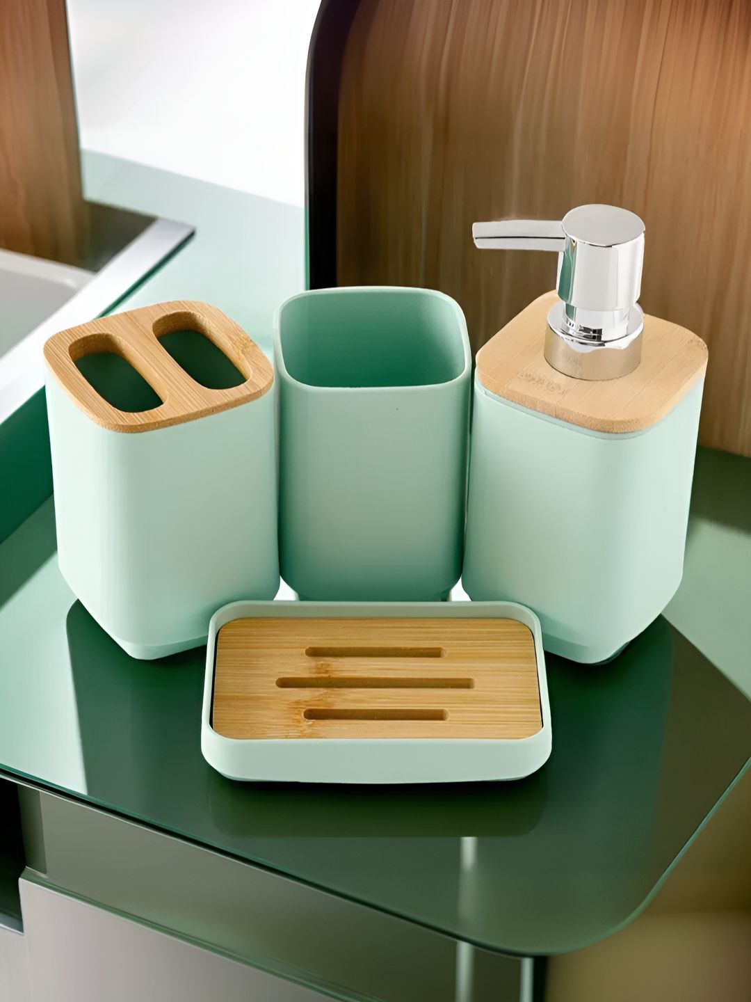 UMAI Green & Brown 4 Pieces Ceramic Bath Accessories
