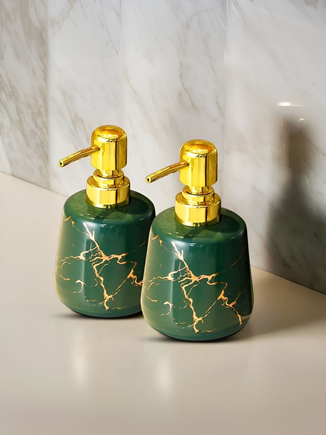 UMAI Green & Gold-Toned 2 Piece Abstract Ceramic Soap Dispenser 260ml