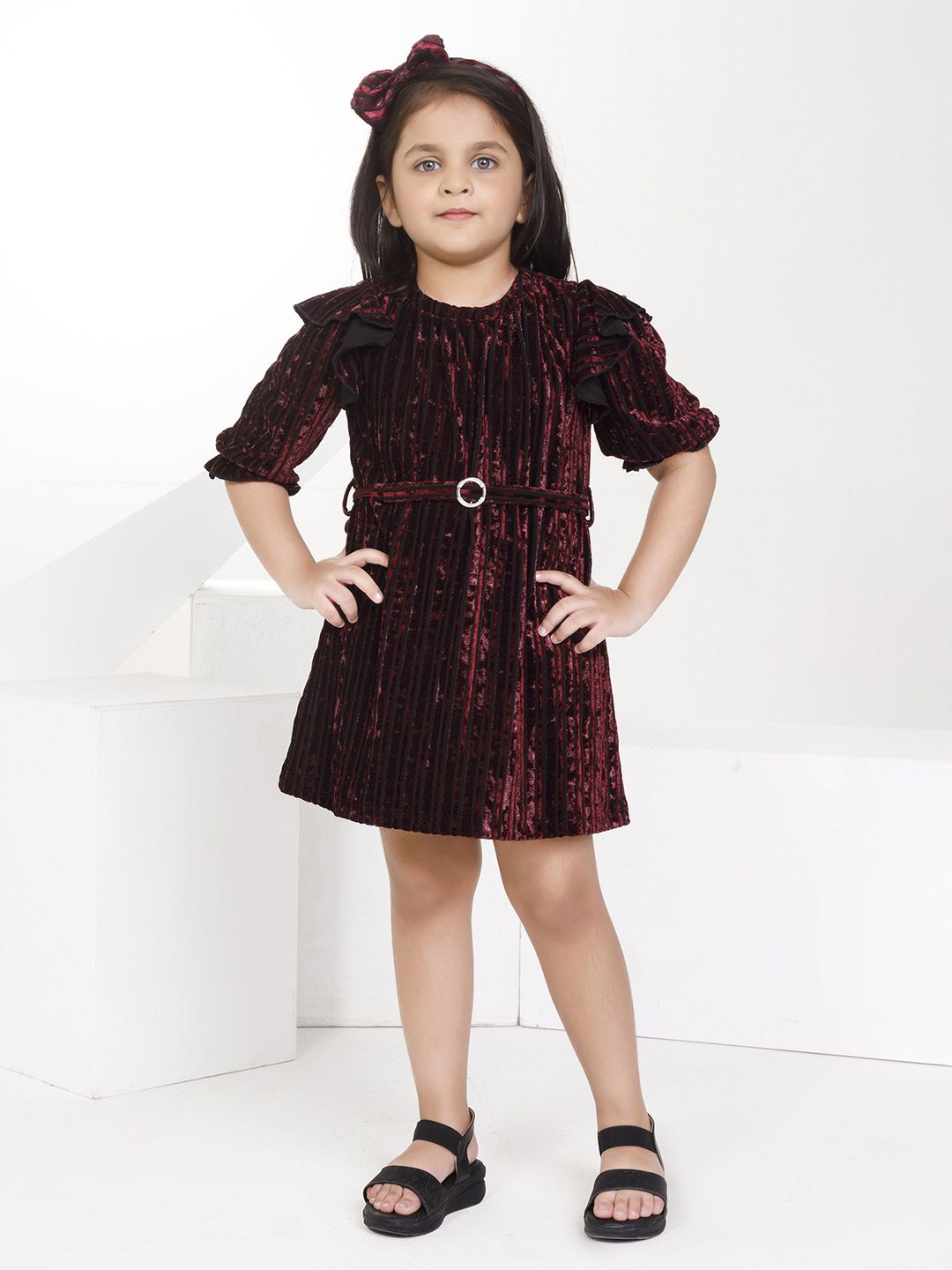 Peppermint Girls Puff Sleeve Velvet A-Line Dress