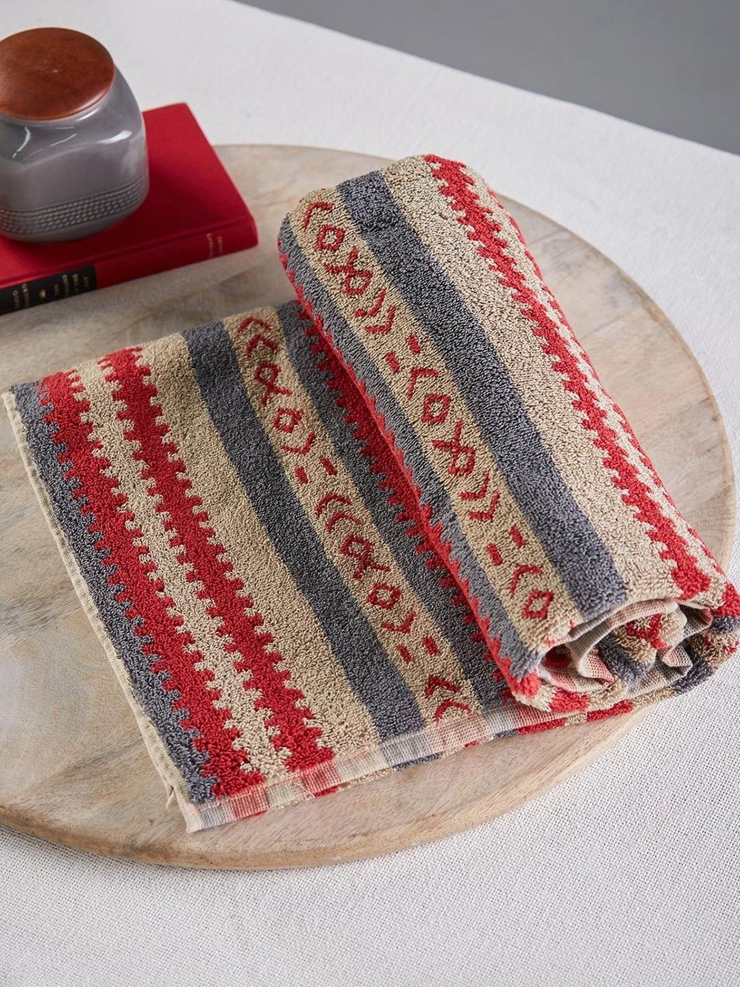 Fabindia Raina Red & Beige Geometric Printed Cotton 570 GSM Hand Towel