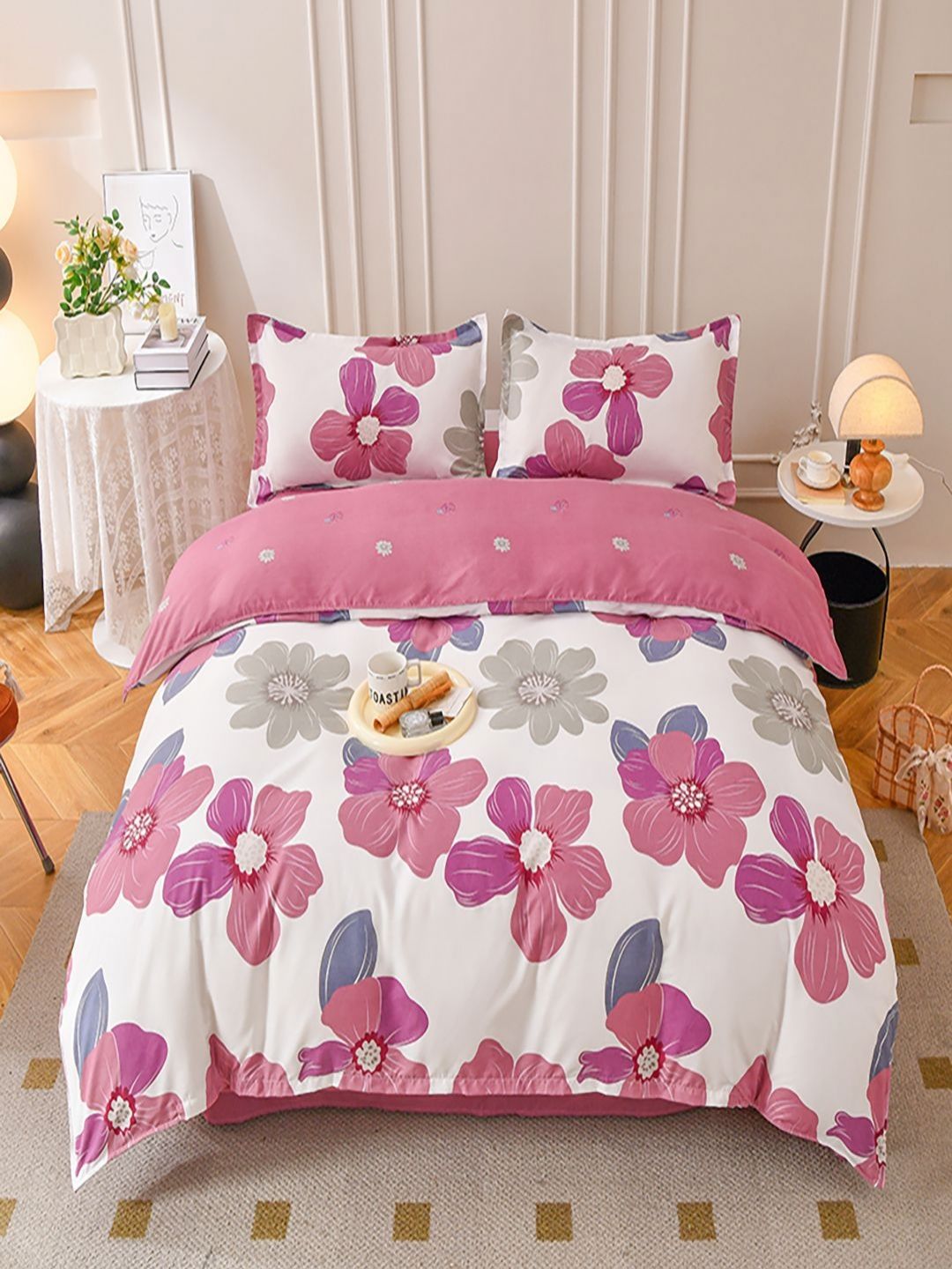 JC HOME Pink & White Floral Printed Regular Double King Bedding Set