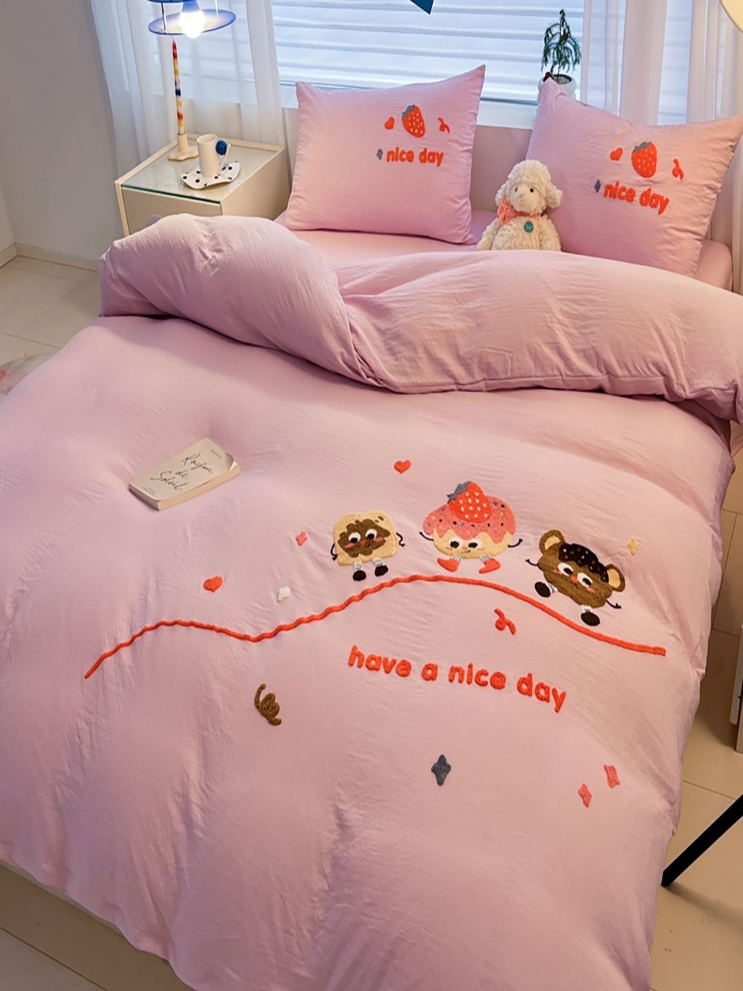 JC HOME Pink & Brown Floral Polycotton 4 Piece Double Queen Regular Bedding Set