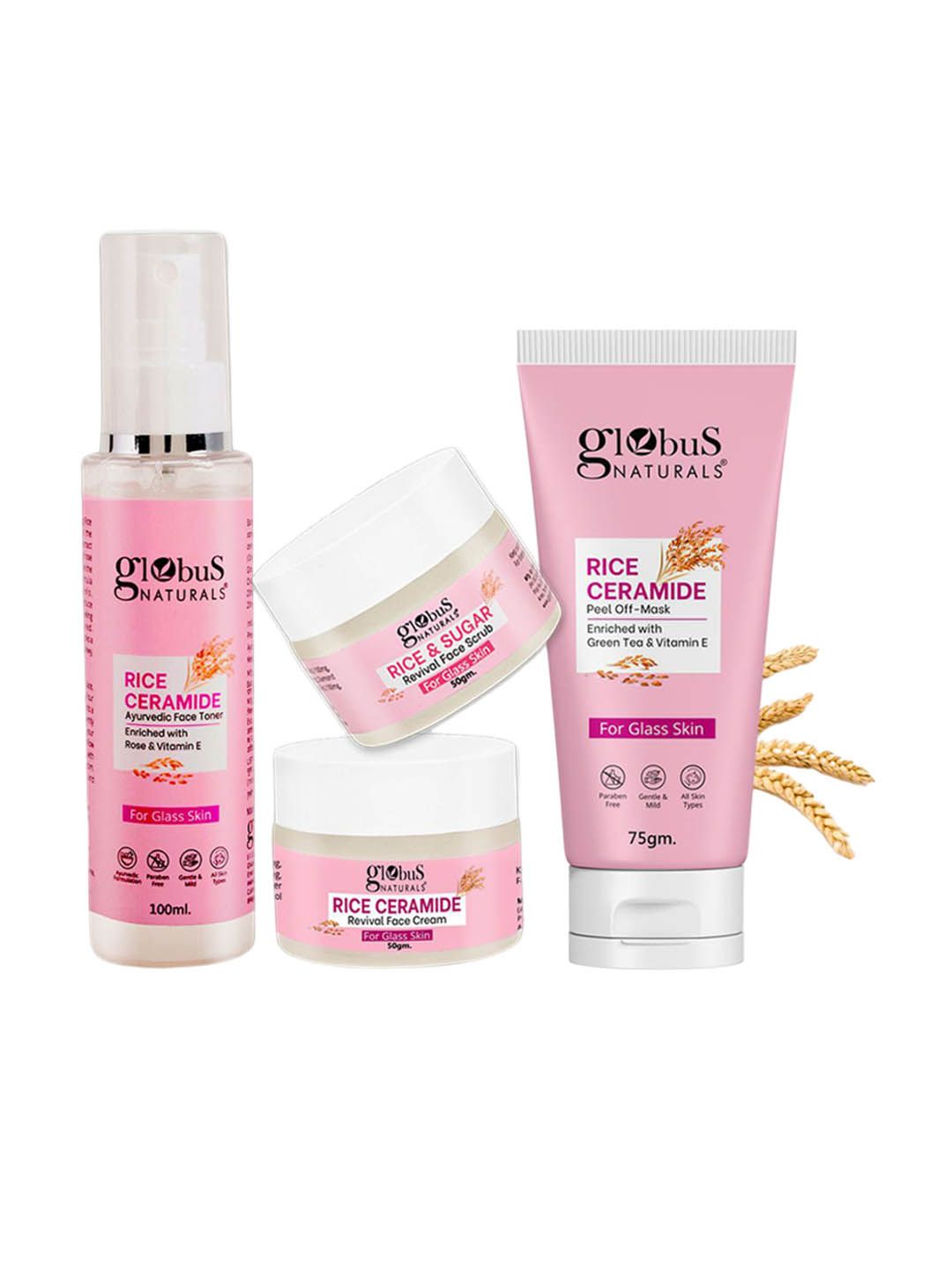 Globus naturals Set Of 4 Rice Ceramide Peel Off Mask Scrub Cream & Face Toner