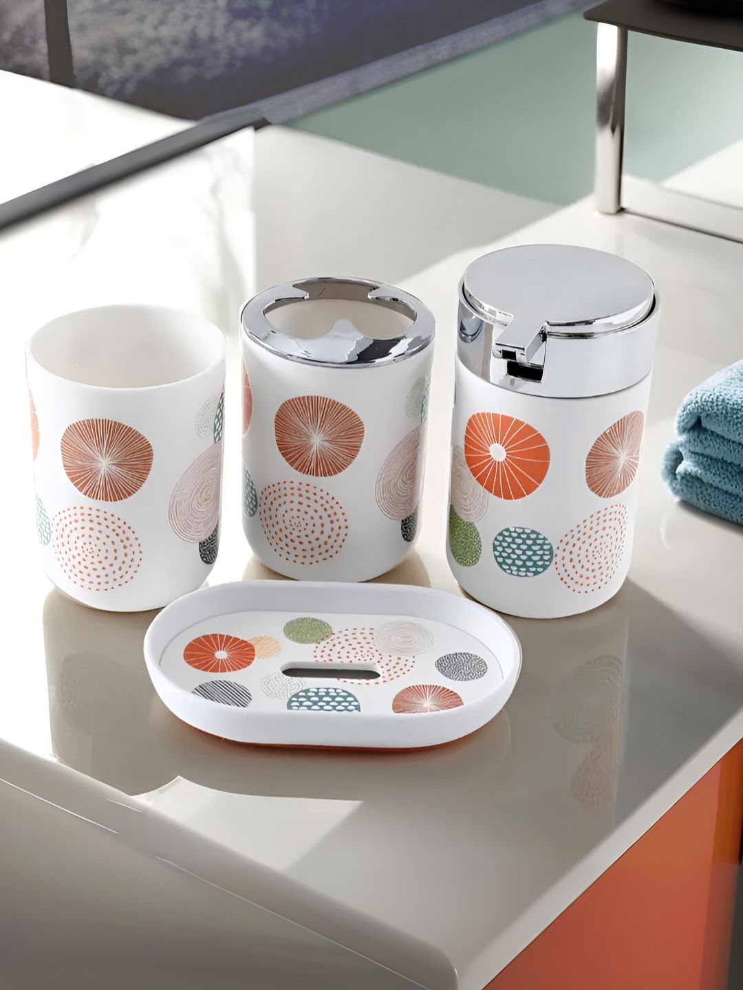 UMAI White & Orange 4 Piece Floral Ceramic Bath Accessories Set