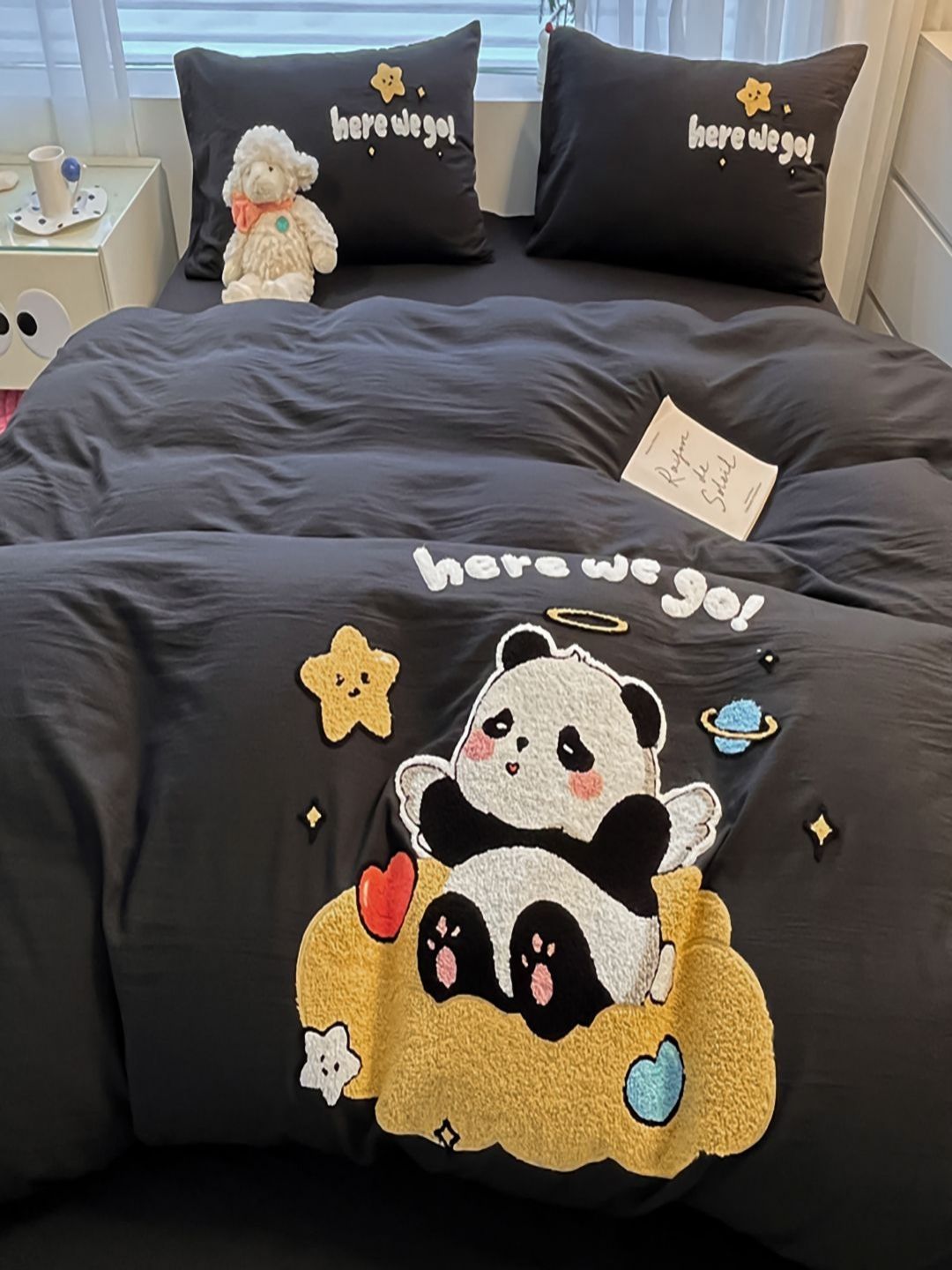 JC HOME Black & White Panda Embroidered Double Queen Regular Bedding Set