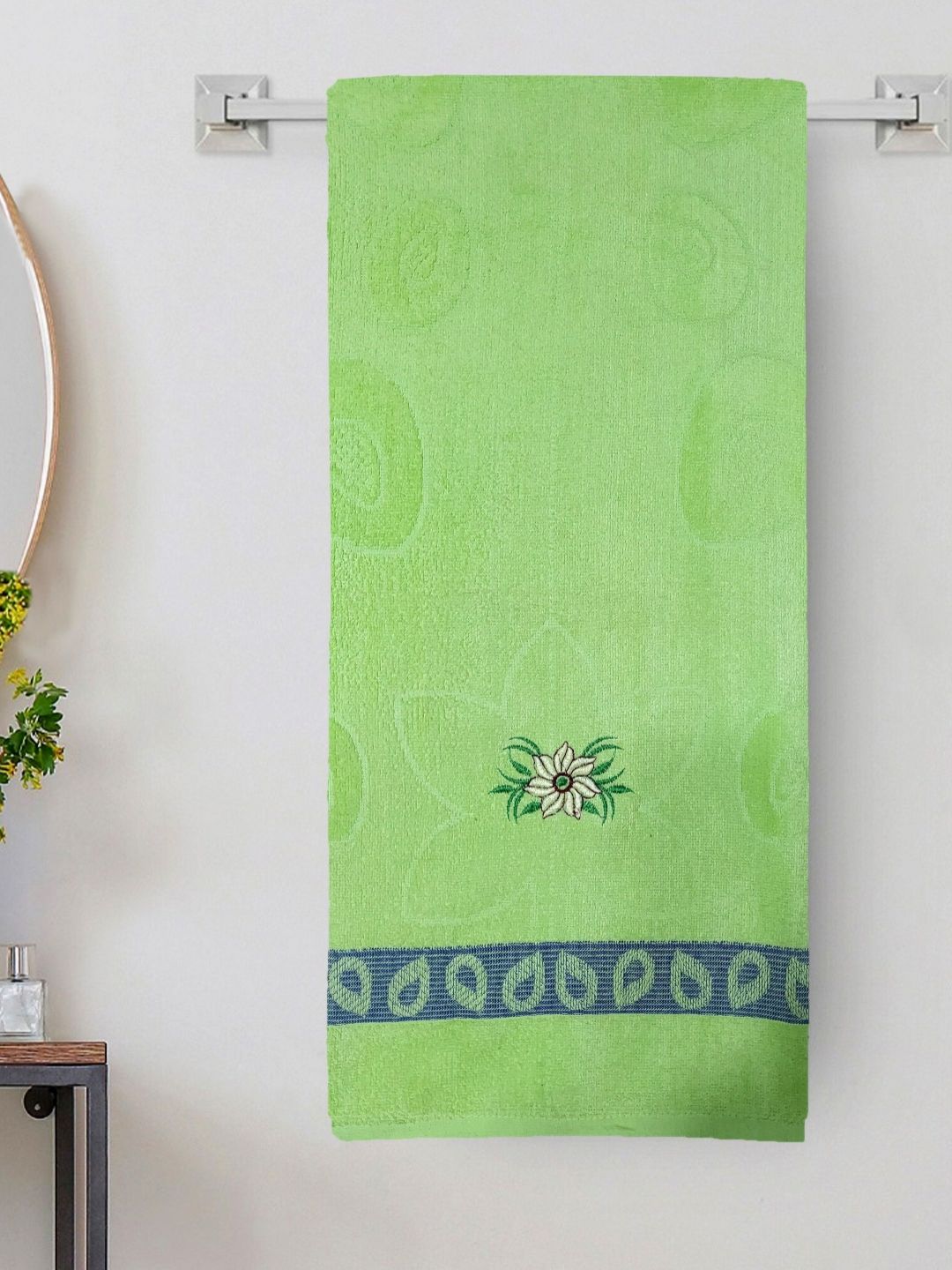 ANA Green & White Floral Embroided 300 GSM Cotton Bath Towel