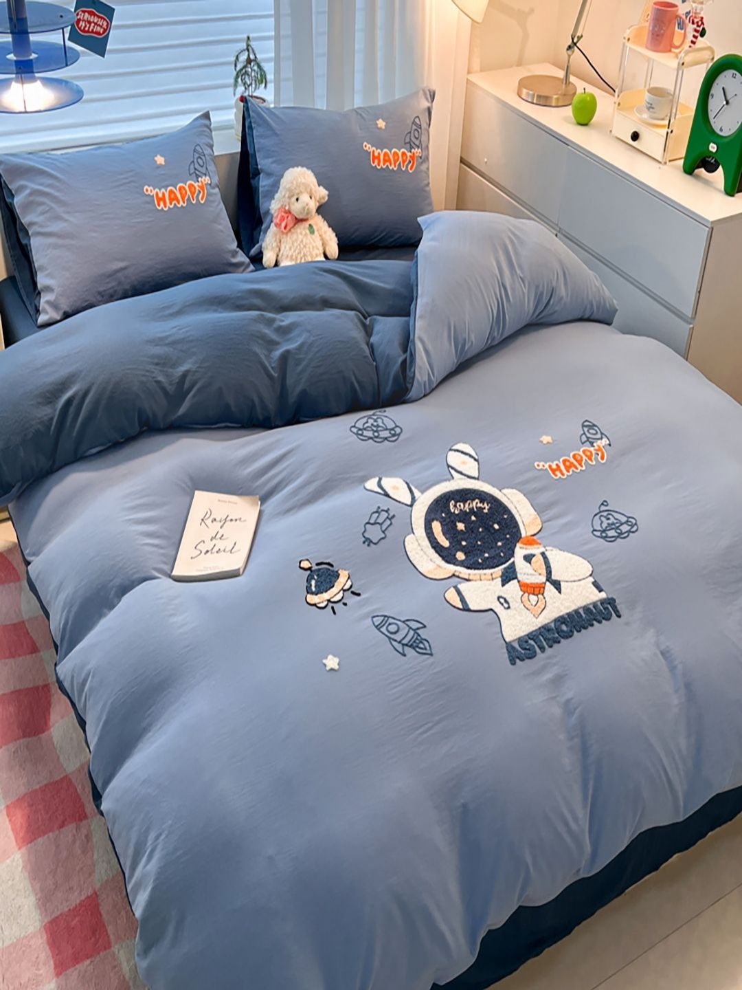 JC HOME Navy Blue & White Astronaut Embroidered Single Regular Bedding Set