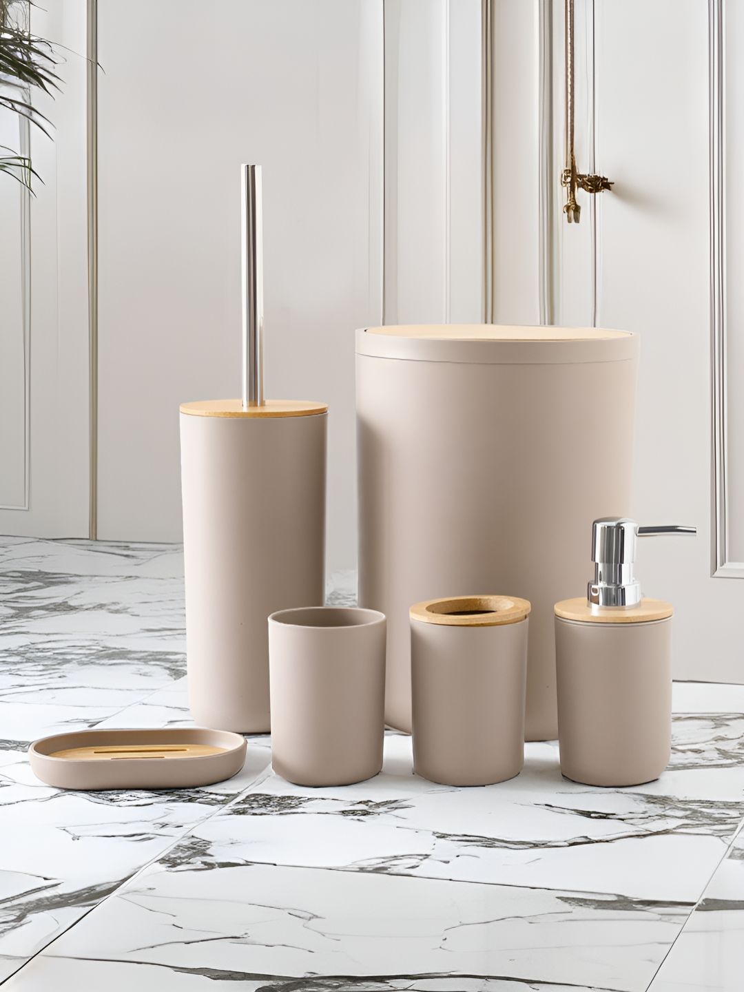 UMAI Grey & Beige 6 Piece Ceramic Matte Bath Accessories Set