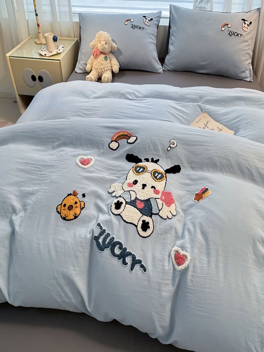 JC HOME Grey & White Embroiderd Double Queen Regular Bedding Set