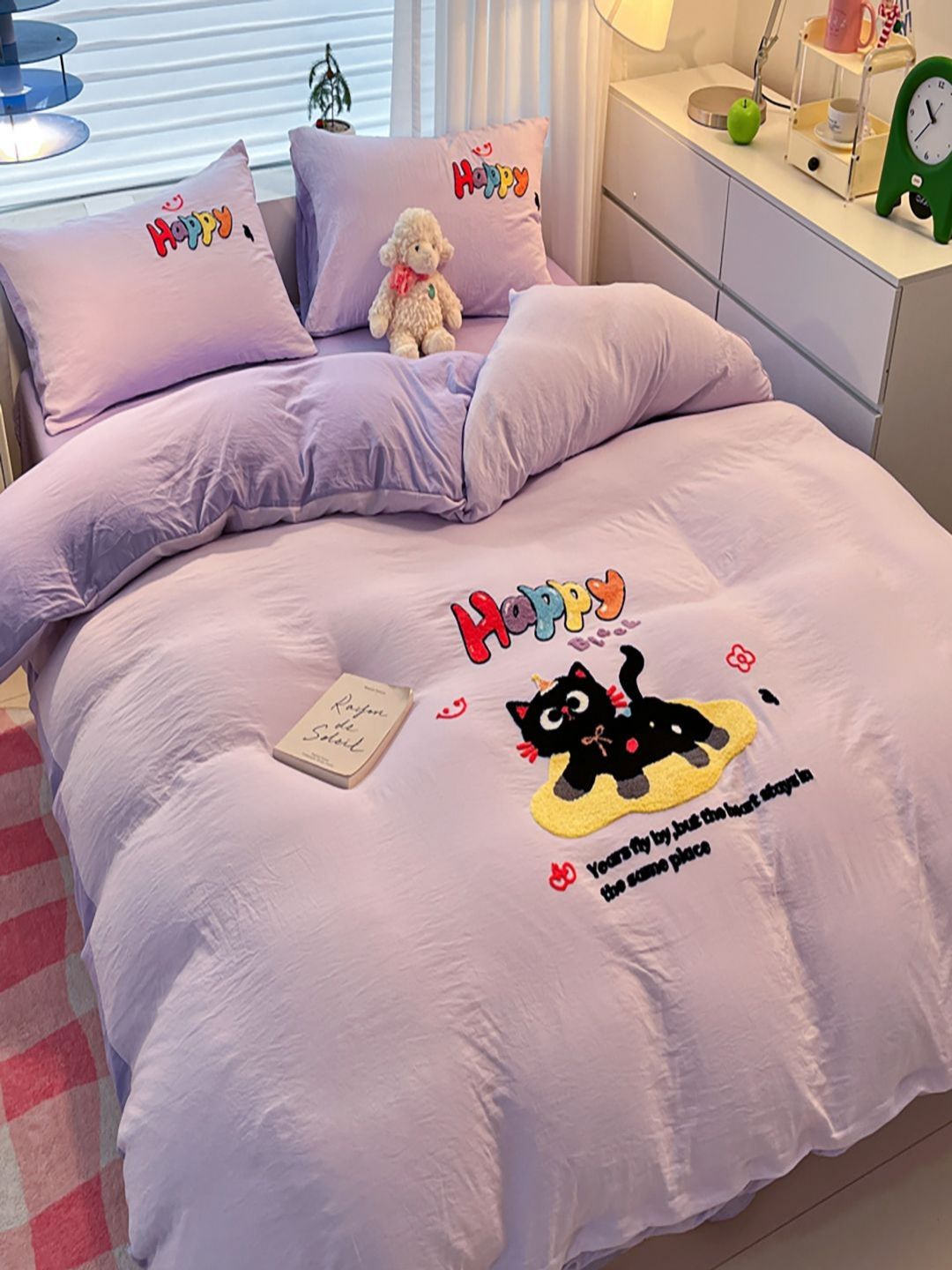 JC HOME Purple & Black Geometric Polycotton 4 Piece Double Extra Large Regular Bedding Set