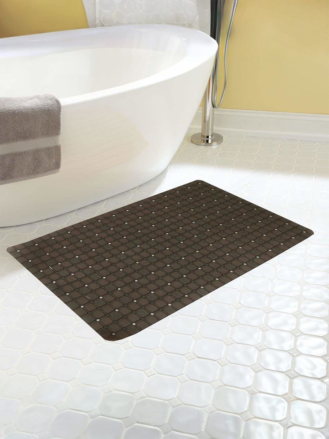Kuber Industries Brown Floral Printed Non Slip 210GSM Bath Mat With Suction Cups
