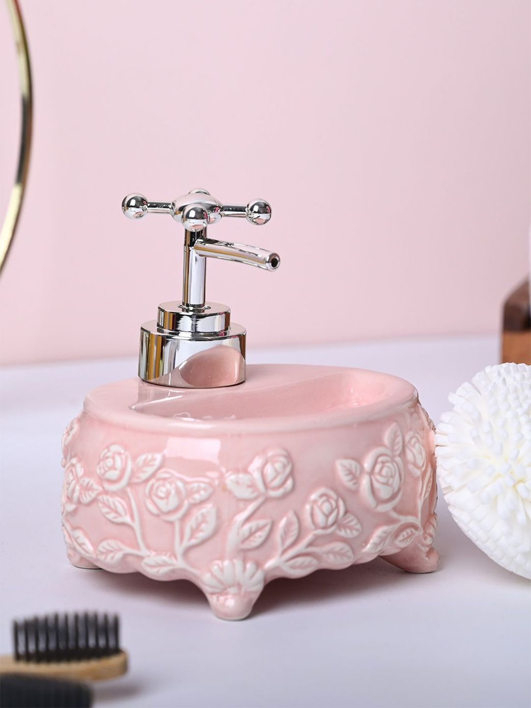 MARKET99 Pink & White Floral Glossy Ceramic Soap Dispenser With Scrubber