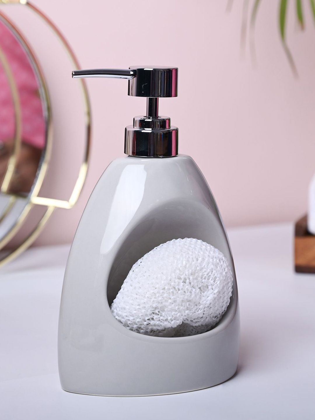 MARKET99 Grey & White Glossy Ceramic Soap Dispenser With Scrubber