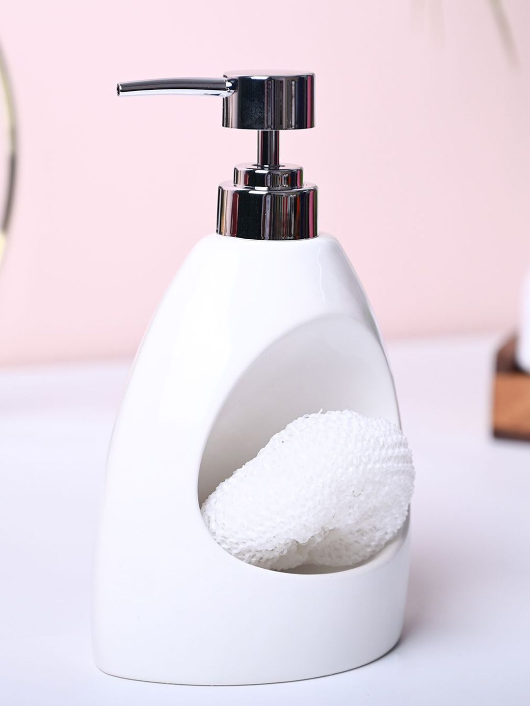 MARKET99 White Ceramic Glossy Soap Dispenser With Scrubber