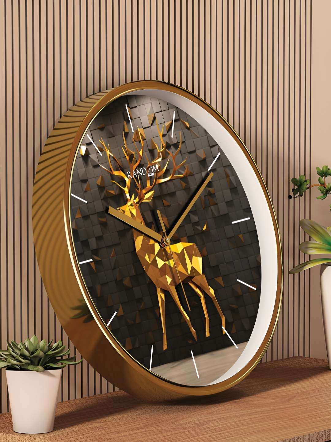 RANDOM RANDOM Black Plastic Large Display Round Battery Analogue Deer Wall Clock-30.4cm