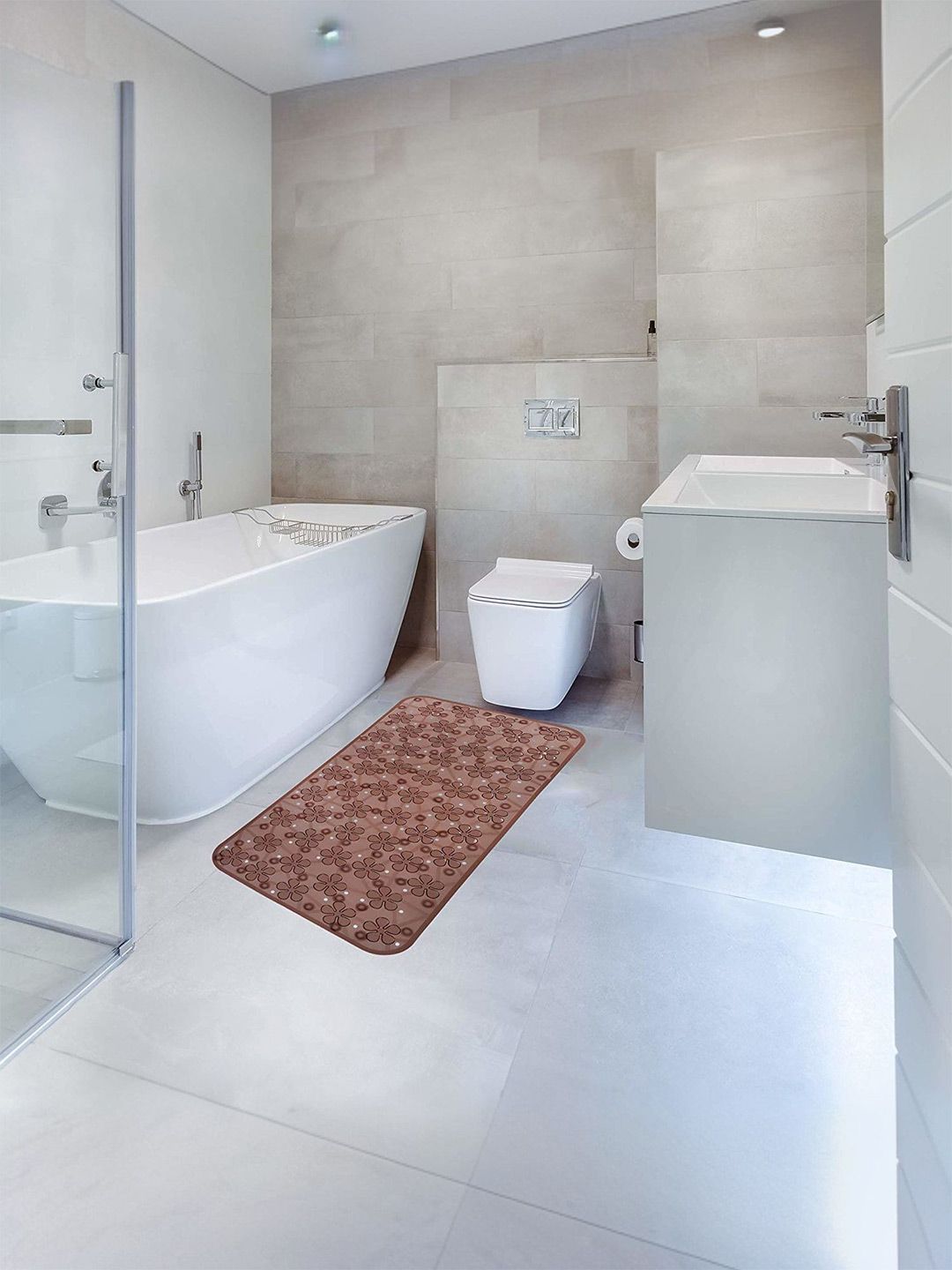 Kuber Industries Brown Floral Printed Anti Slip 210GSM Bath Mat With Suction Cups