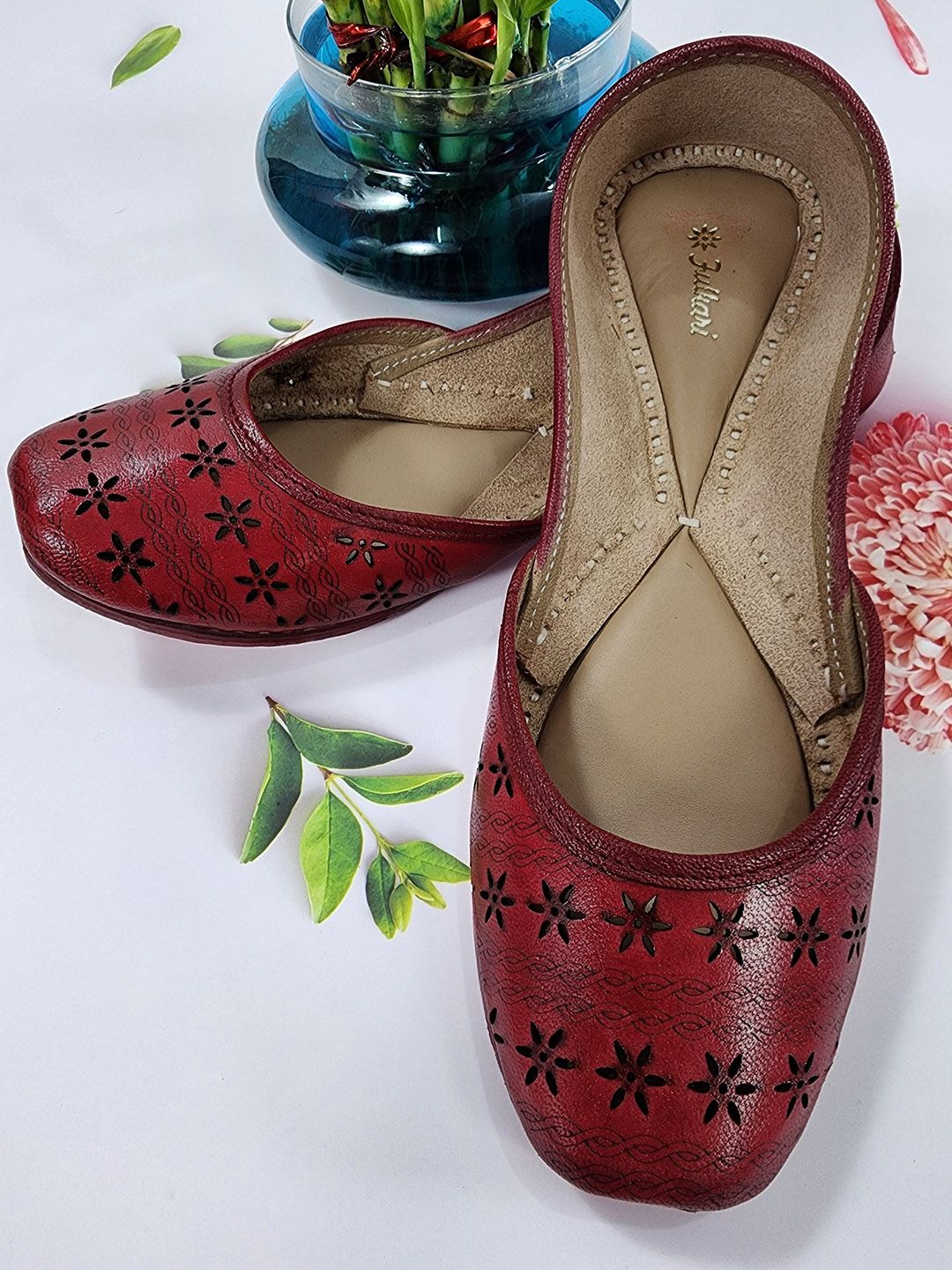 Fulkari Women Leather Ballerinas Flats With Laser Cuts