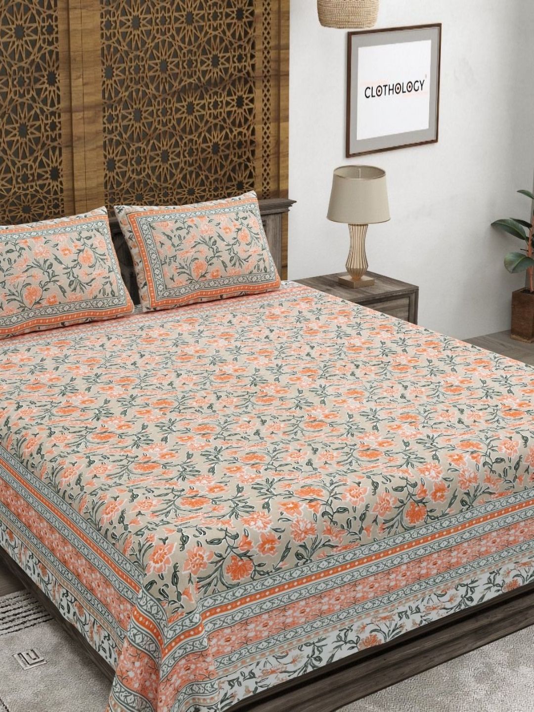 CLOTHOLOGY Rustic Orange Floral The Gulbagh Edit 180 TC Cotton King Bedsheet with 2 Pillow Cover