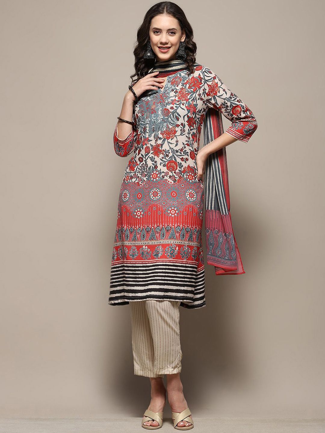 Biba Biba Floral Printed Notched Neck Straight Kurta With Palazzos & Dupatta