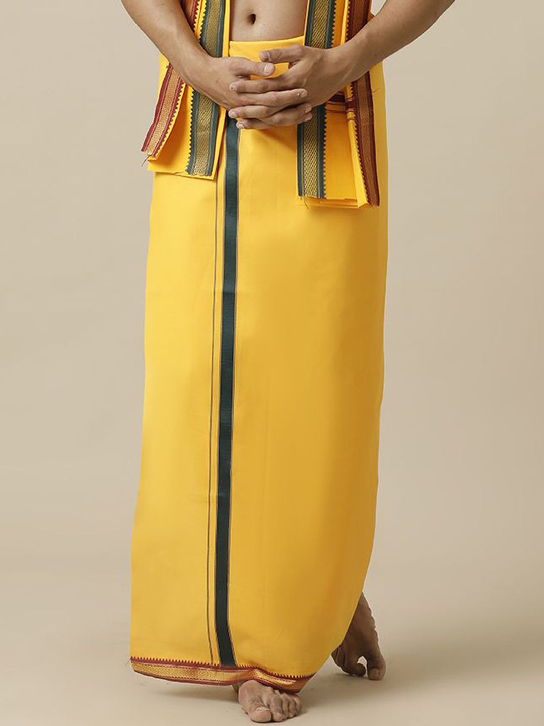 Ramraj Men Cotton Solid Devotional Single Layer Dhoti With Mayilkhan Border