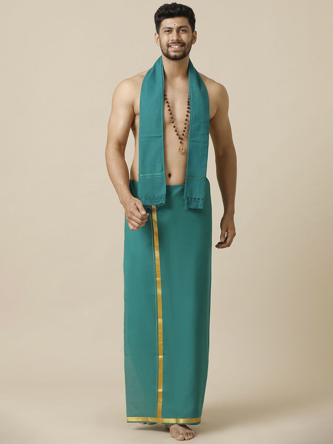 Ramraj Men Cotton Green Solid Devotional Gold Jari Border Single Layer Dhoti