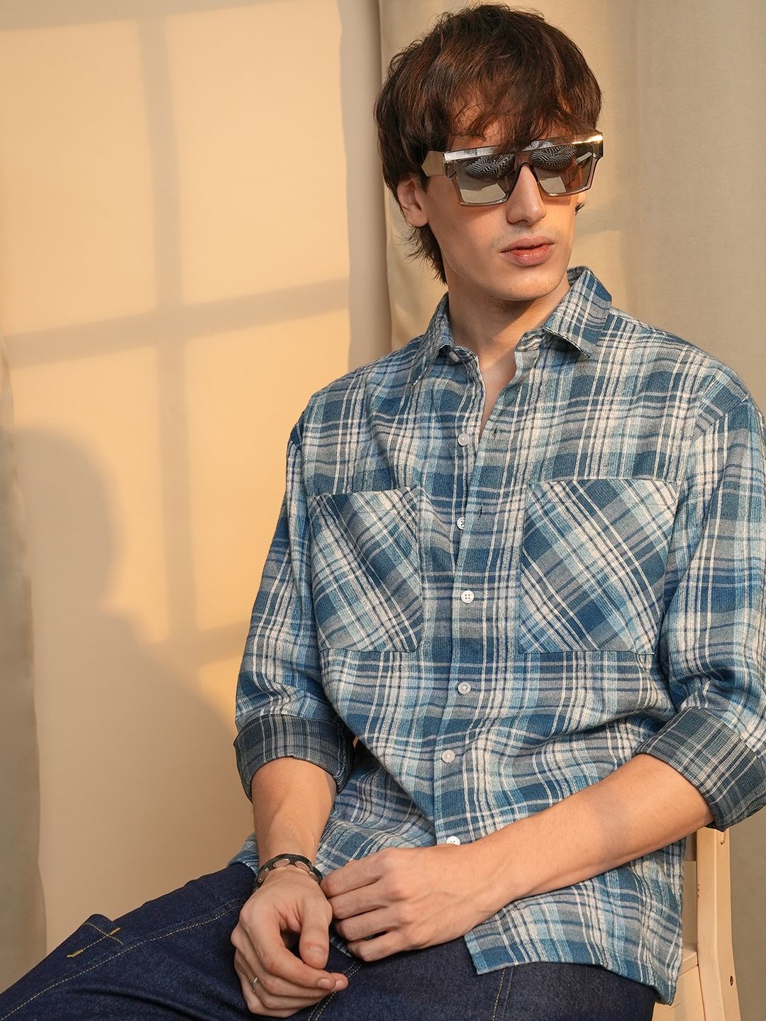CAHOOT Men Comfort Spread Collar Tartan Checked Polycotton Casual Shirt