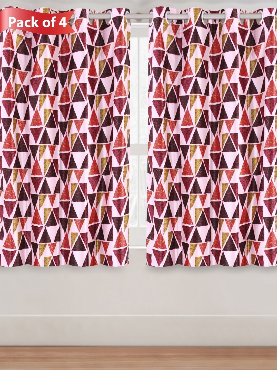 Aura Maroon & Pink Set of 4 Geometric Room Darkening Window Curtains and Sheers