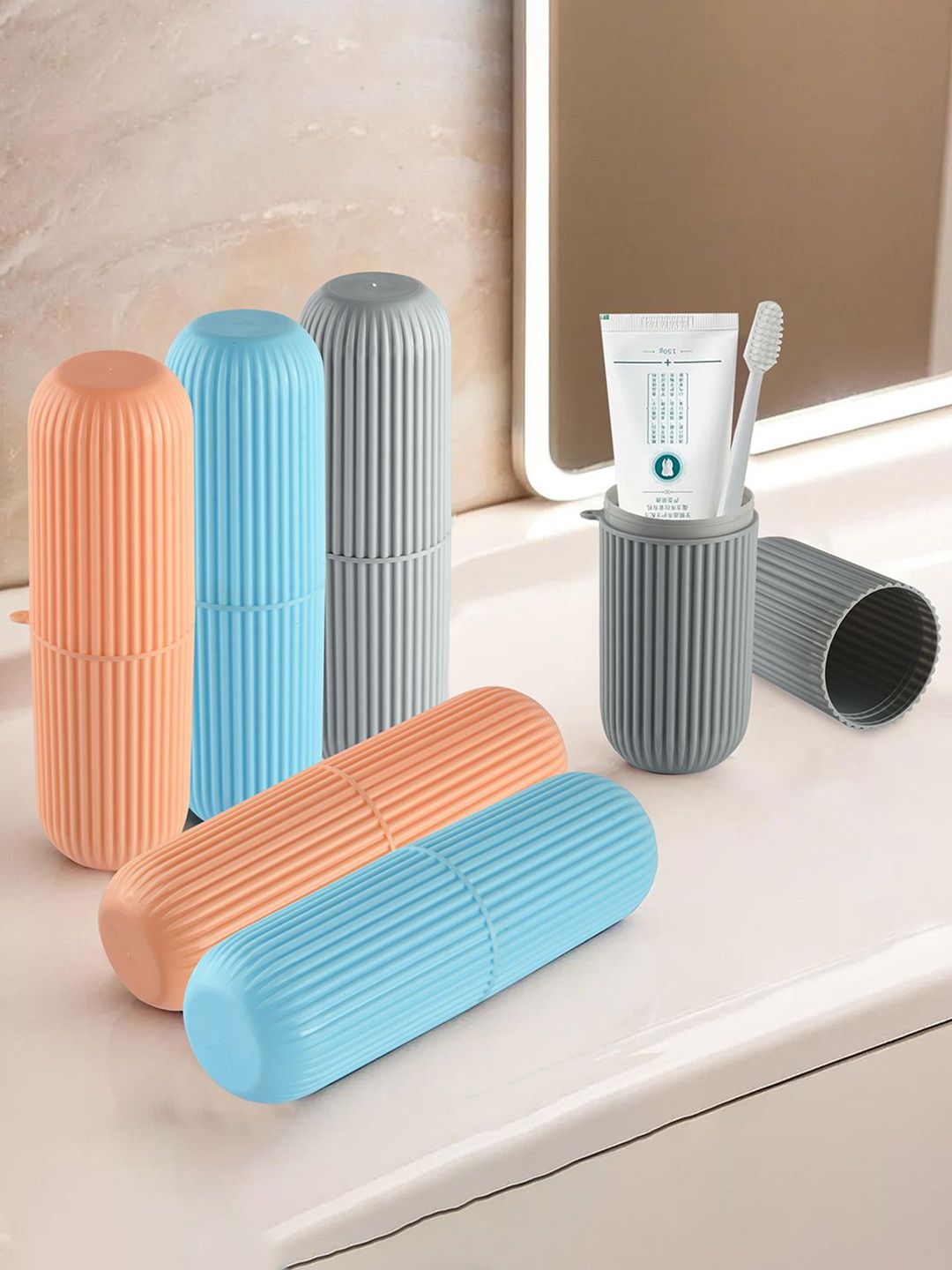 Kuber Industries Blue & Grey 6 Pieces Textured Toothbrush Holders