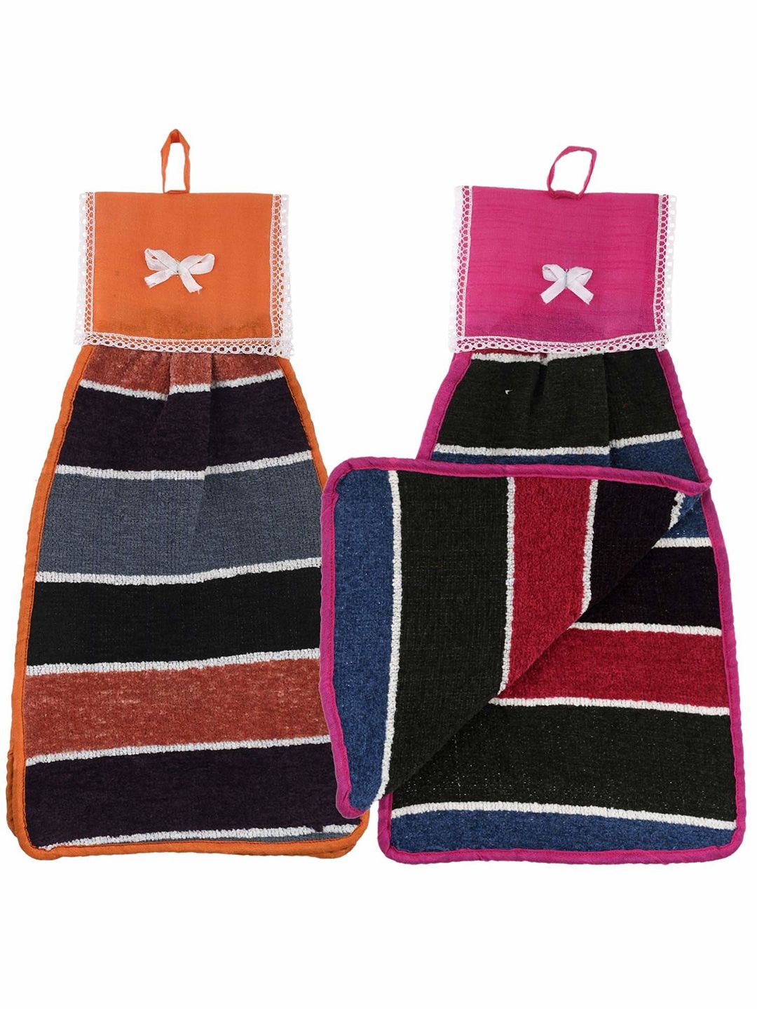 Kuber Industries Black & Red 2 Pieces Striped Cotton Hanging Hand Towels