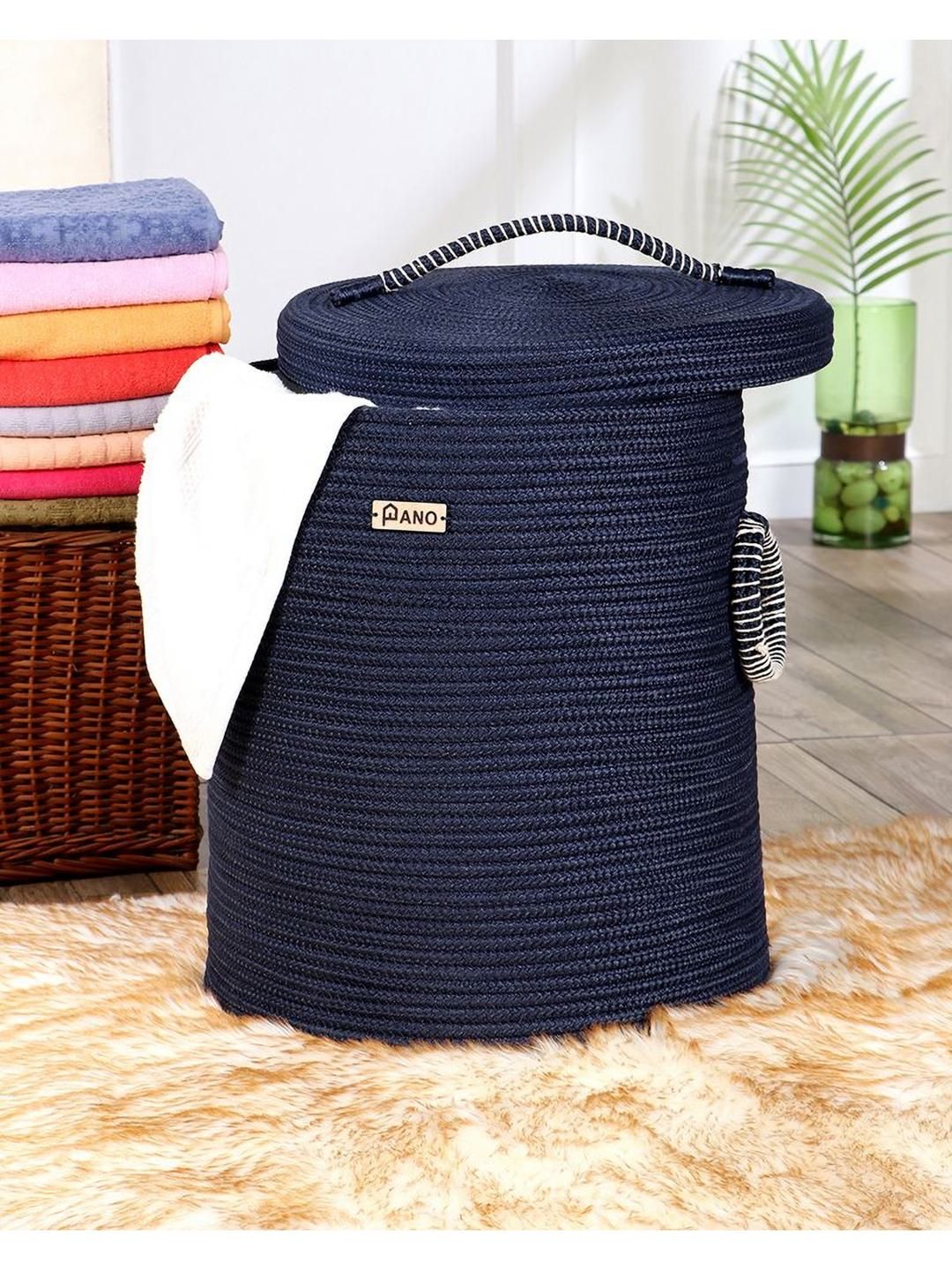 Pano Navy Blue Textured Laundry Bag With Lid
