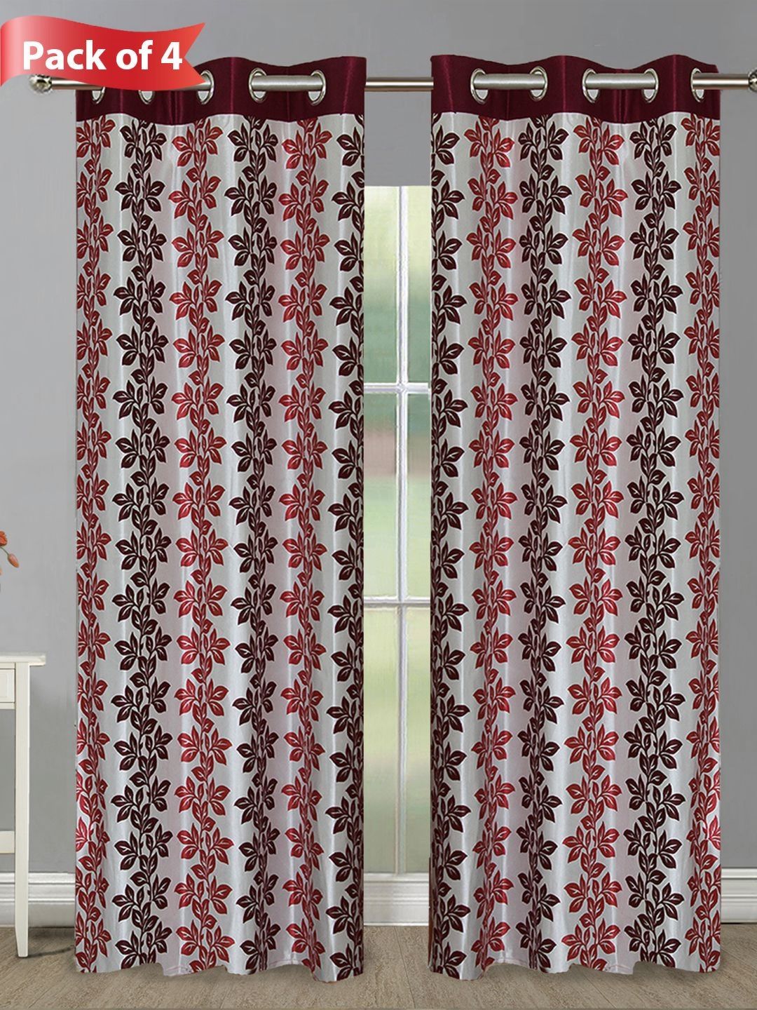 Aura Maroon & Brown Set of 4 Floral Long Door Curtains